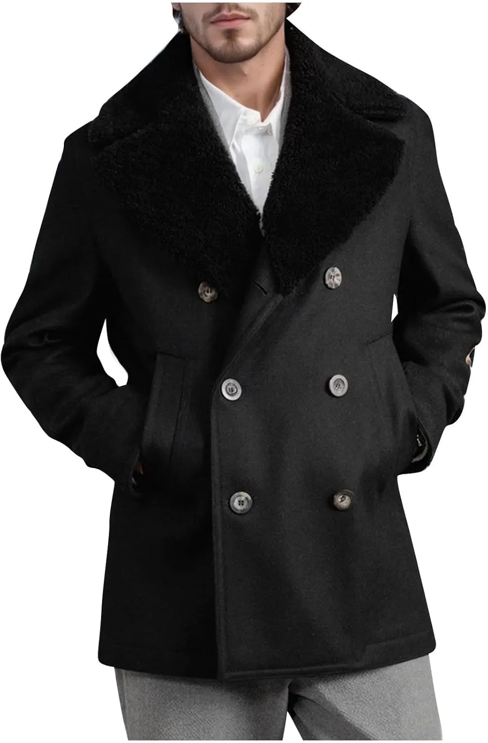 Mens Lapel Double Breasted Trench Coat Winter Warm Business Short Pea Coats Faux Fur Collar Overcoat Open Front Cardigan Coat