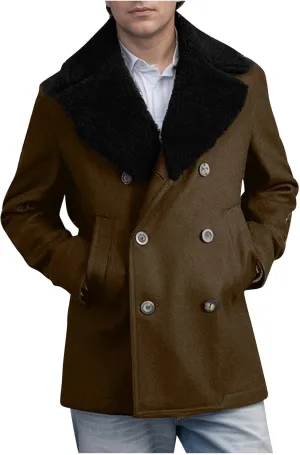 Mens Lapel Double Breasted Trench Coat Winter Warm Business Short Pea Coats Faux Fur Collar Overcoat Open Front Cardigan Coat