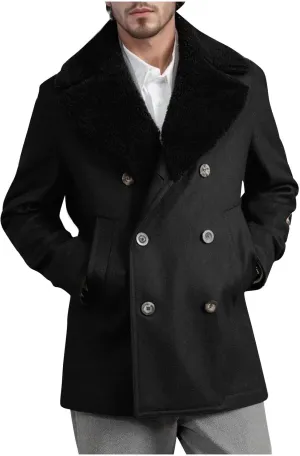 Mens Lapel Double Breasted Trench Coat Winter Warm Business Short Pea Coats Faux Fur Collar Overcoat Open Front Cardigan Coat
