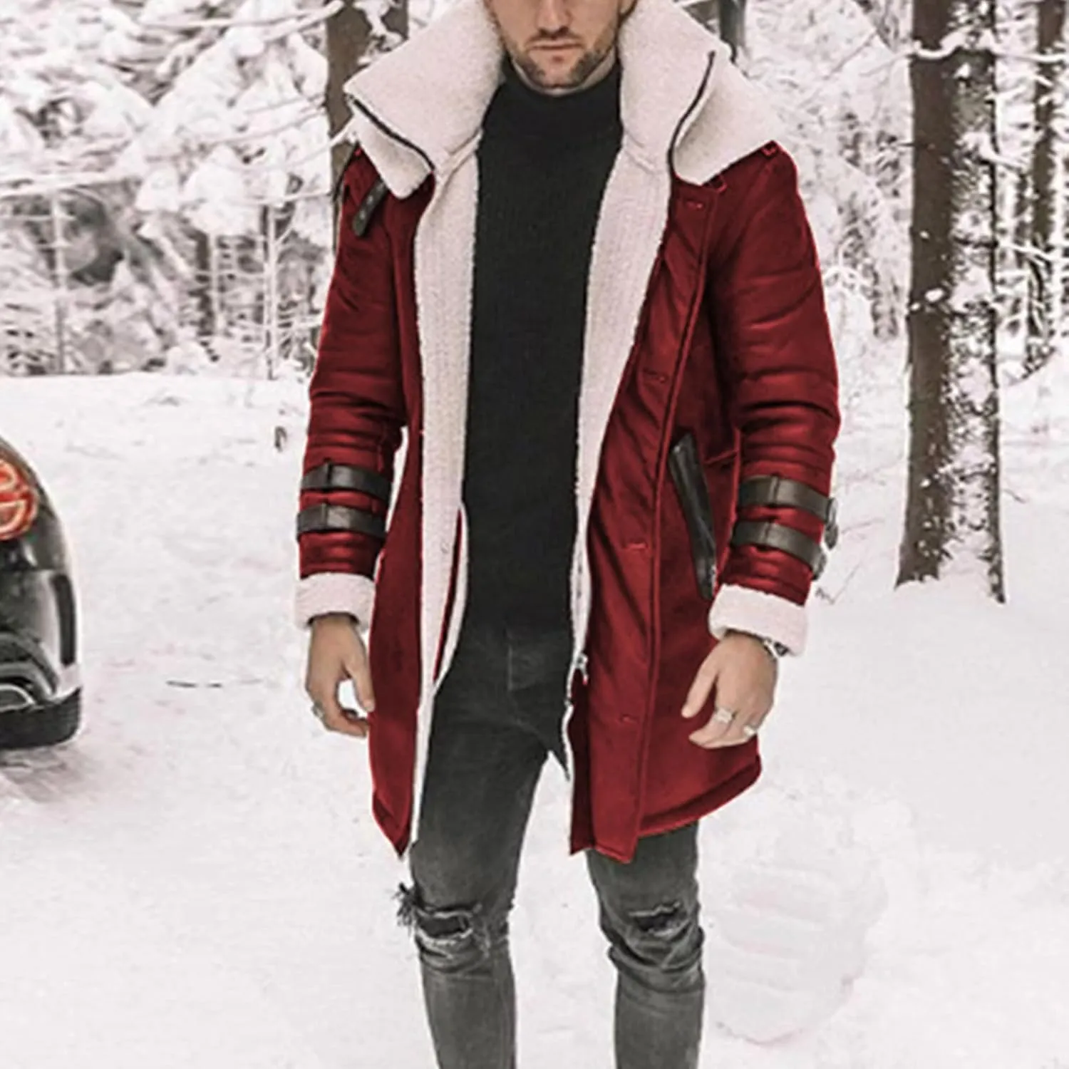 Mens Long Pea Sherpa Lined Trench Jacket Fleece Shearling Lining Heavyweight Suede Leather for Hunting Trucking