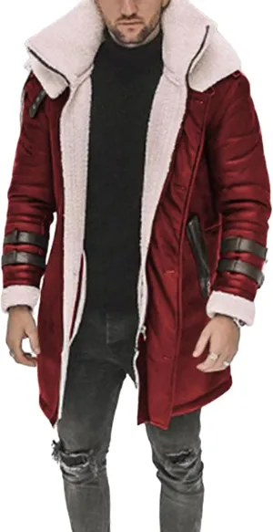 Mens Long Pea Sherpa Lined Trench Jacket Fleece Shearling Lining Heavyweight Suede Leather for Hunting Trucking
