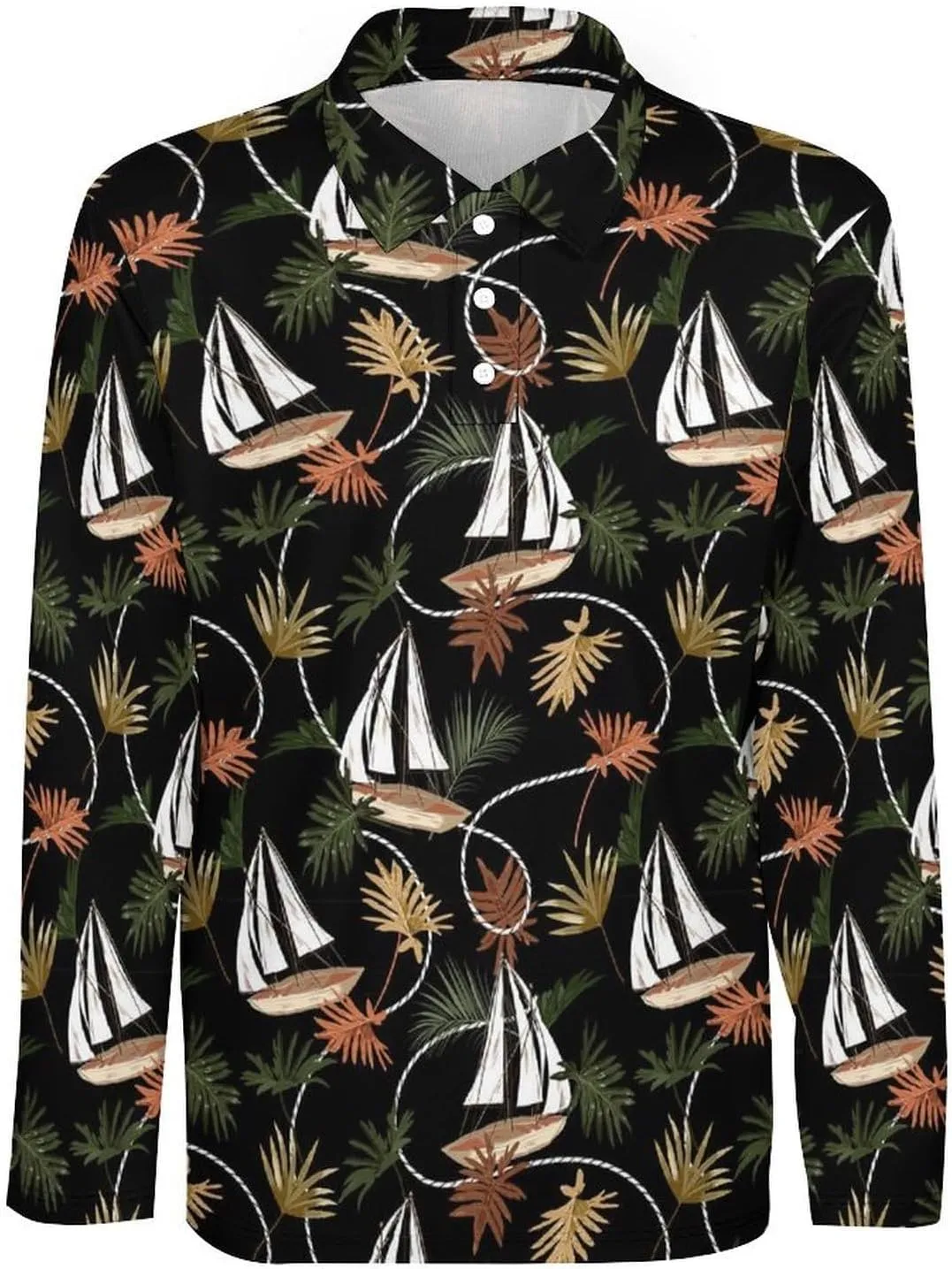 Mens Palms Trees Polo Shirts Quick-Dry Moisture Wicking 3D Print Long Sleeve Golf Shirts