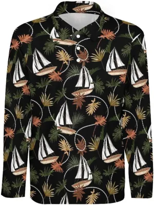 Mens Palms Trees Polo Shirts Quick-Dry Moisture Wicking 3D Print Long Sleeve Golf Shirts