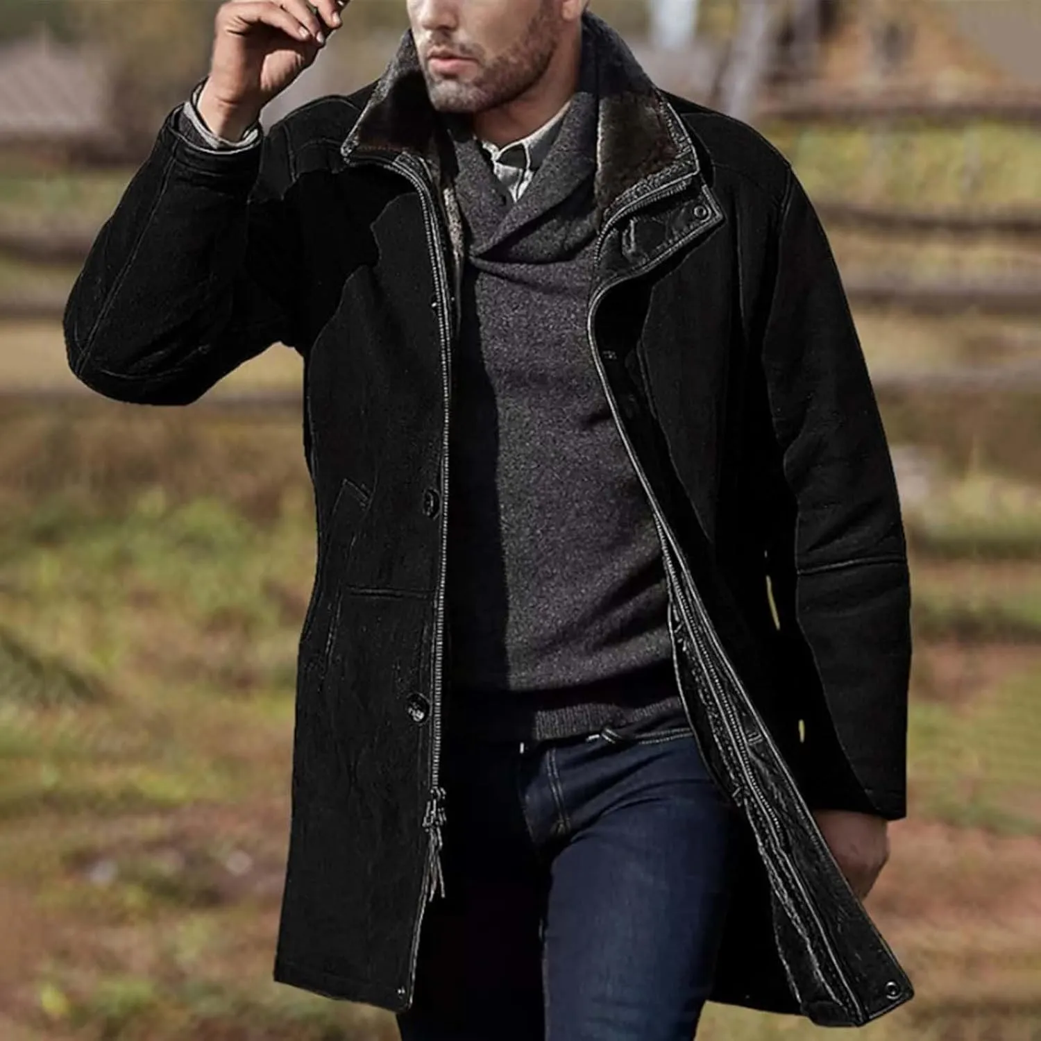 Men's Pea Coat Classic Long Trench Coat Coat Jacket Wool Long Sleeve Warm Coat Turn-down Collar Coat Warm Winter