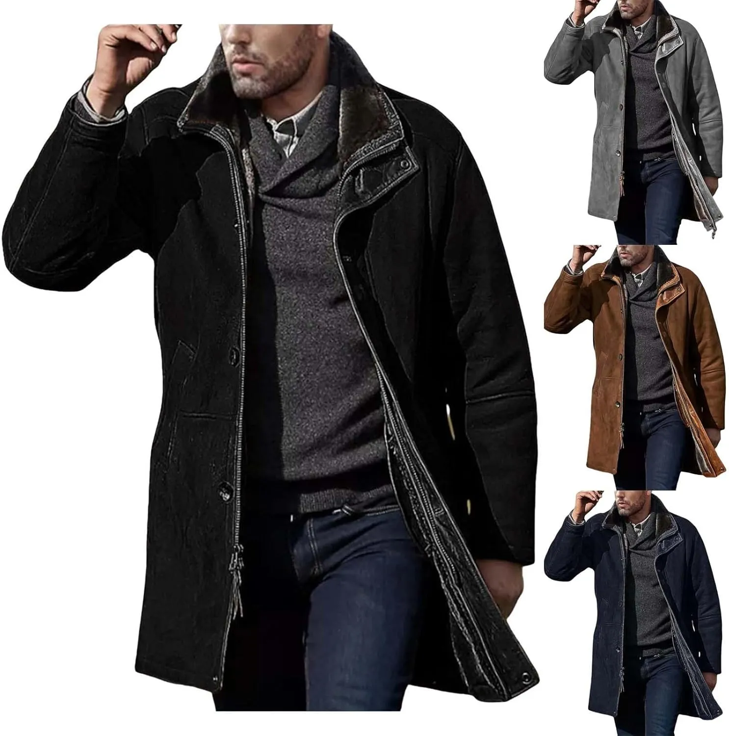 Men's Pea Coat Classic Long Trench Coat Coat Jacket Wool Long Sleeve Warm Coat Turn-down Collar Coat Warm Winter