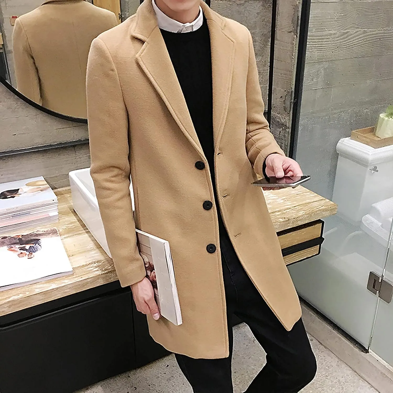 Men's Peacoat Casual Long Trench Coat Single Breasted Pea Regular Fit Warm Winter Overcoat Work Dress Jacket, M-5XL