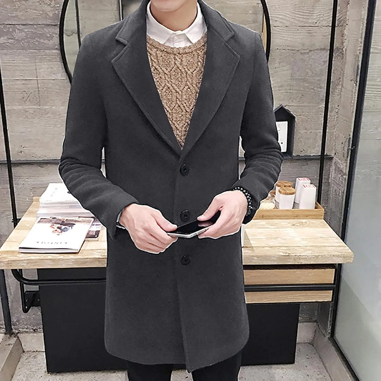 Men's Peacoat Casual Long Trench Coat Single Breasted Pea Regular Fit Warm Winter Overcoat Work Dress Jacket, M-5XL
