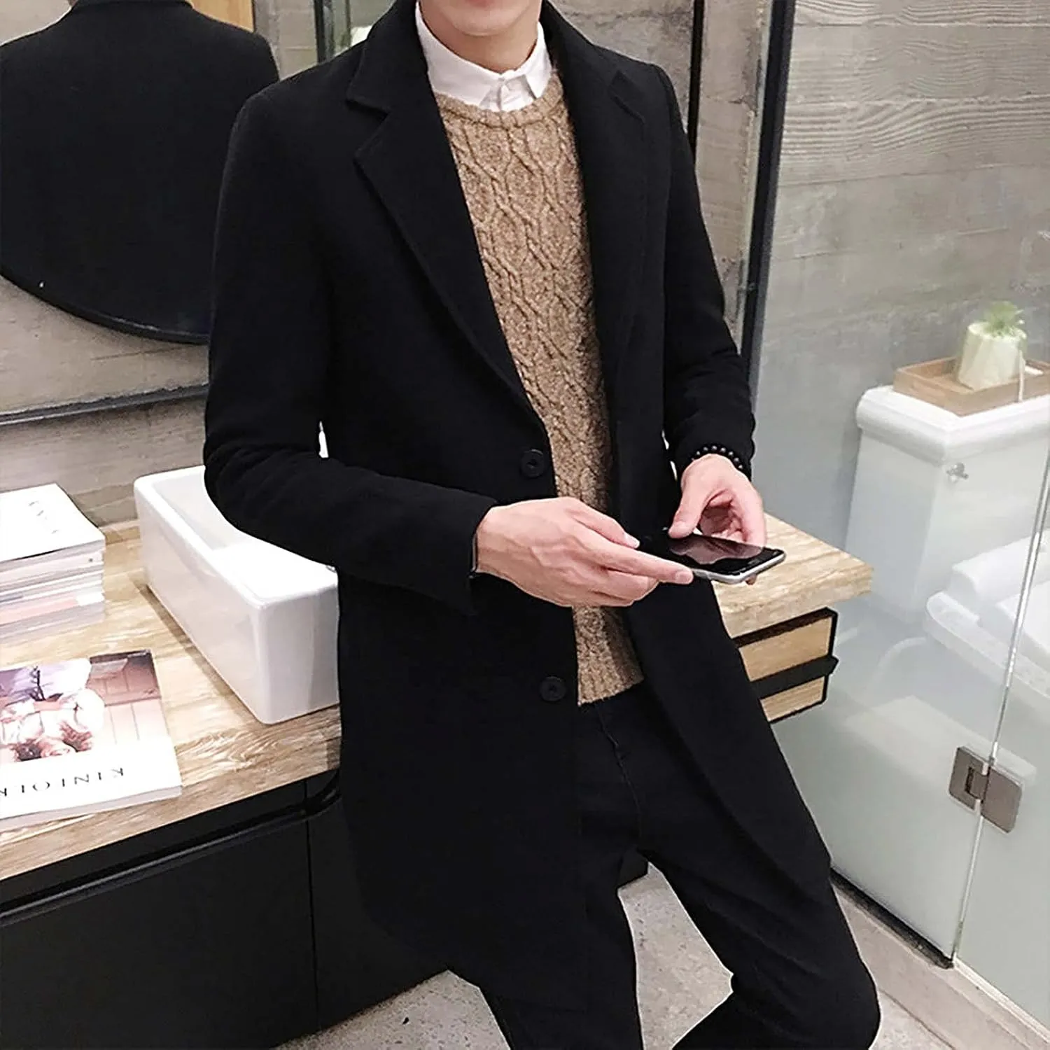 Men's Peacoat Casual Long Trench Coat Single Breasted Pea Regular Fit Warm Winter Overcoat Work Dress Jacket, M-5XL