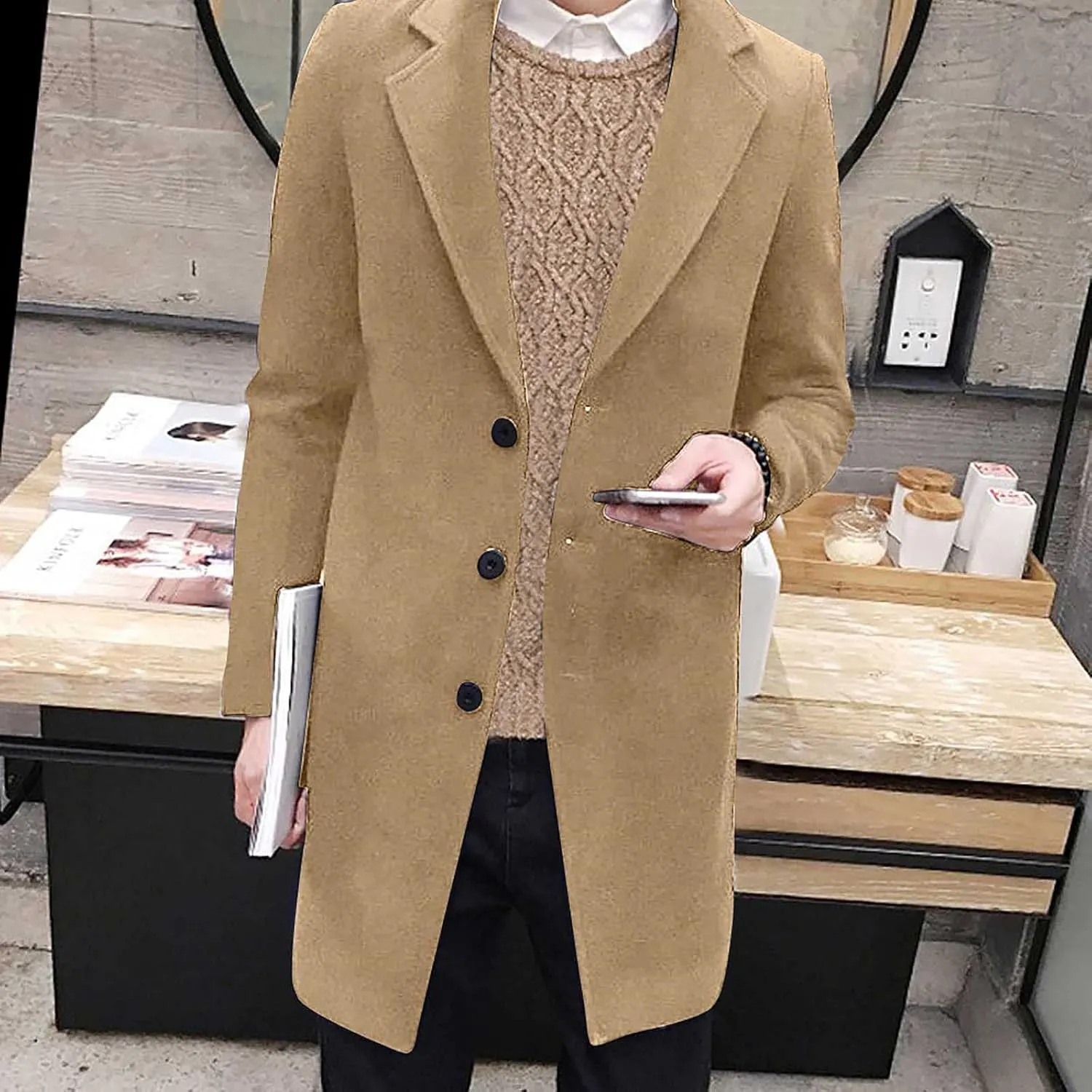 Men's Peacoat Casual Long Trench Coat Single Breasted Pea Regular Fit Warm Winter Overcoat Work Dress Jacket, M-5XL