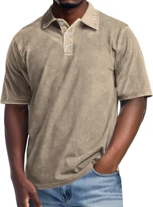 Men's Polo Shirts Short Sleeve Casual Summer Tee Tops Distressed Washed Button Cotton T-Shirt