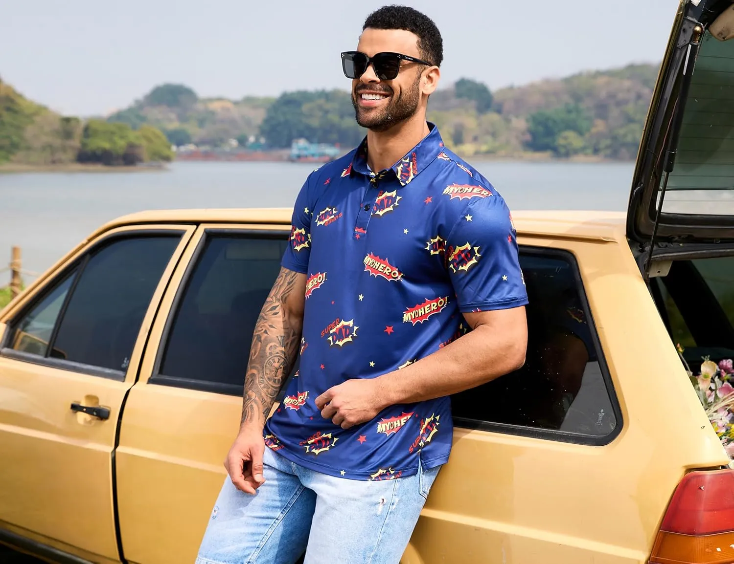 Mens Polo Shirts Short Sleeve Print Golf Shirts Gifts for Men