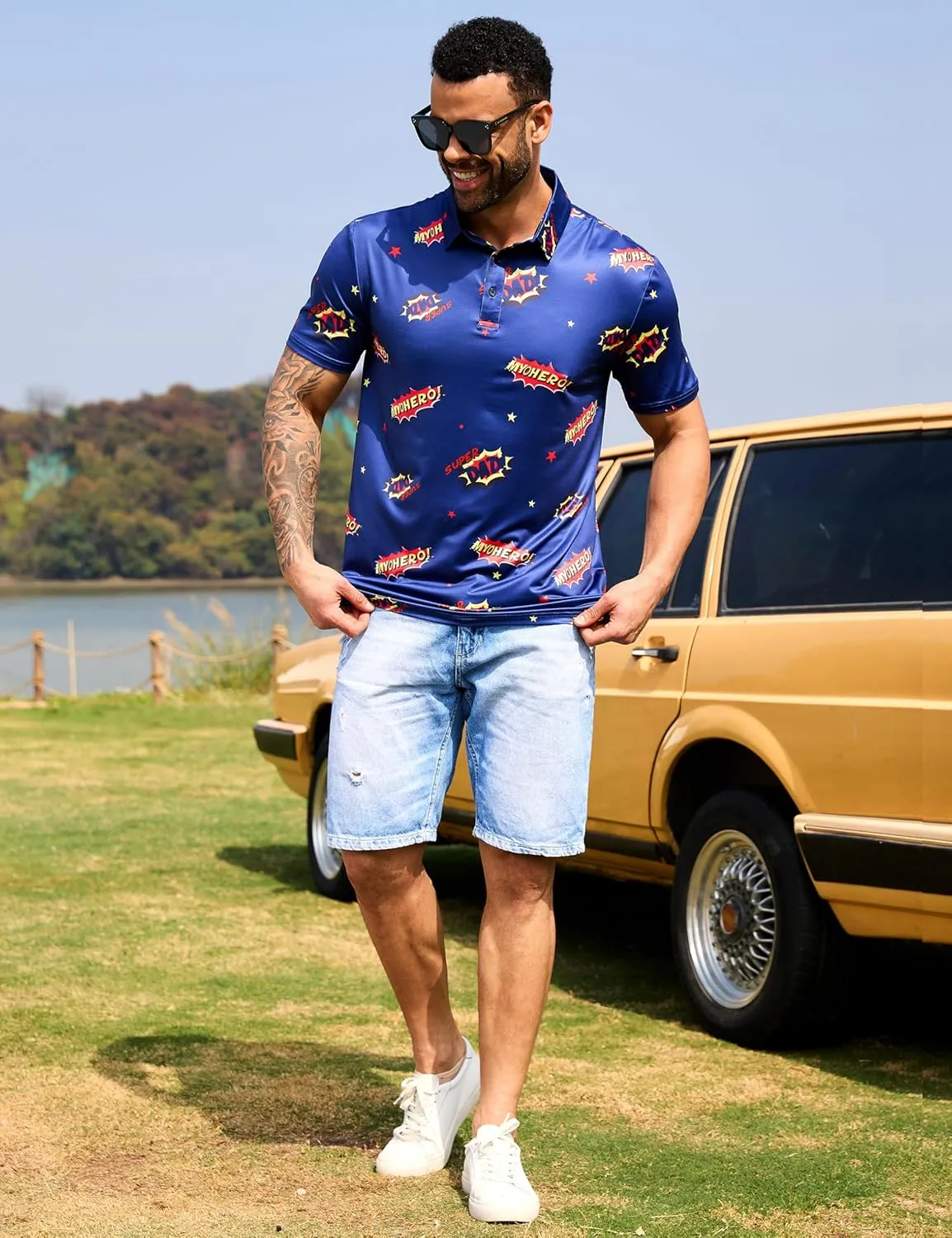Mens Polo Shirts Short Sleeve Print Golf Shirts Gifts for Men