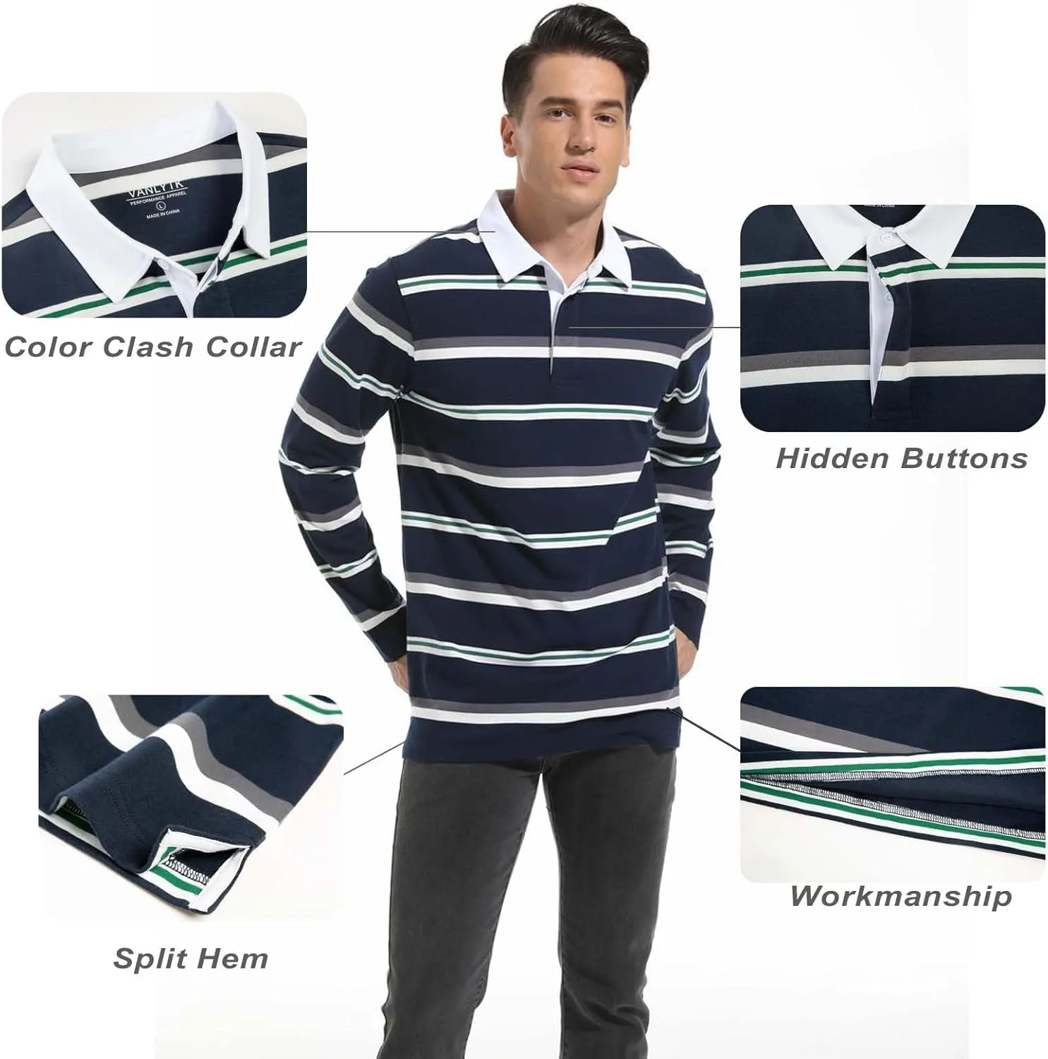 Mens Polo Shirts Striped Cotton Moisture Wicking Classic Collared Casual Golf Shirts for Men