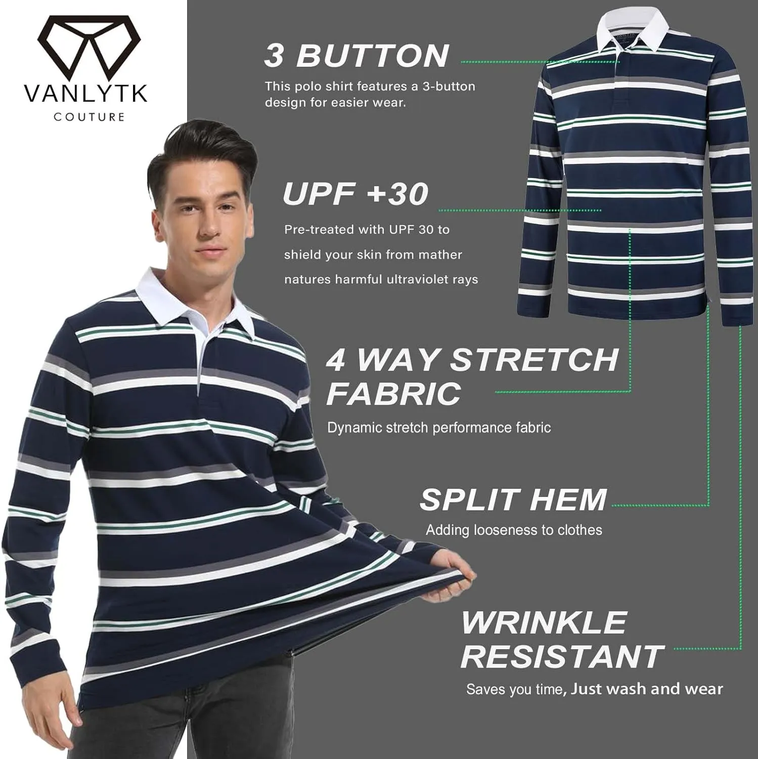 Mens Polo Shirts Striped Cotton Moisture Wicking Classic Collared Casual Golf Shirts for Men
