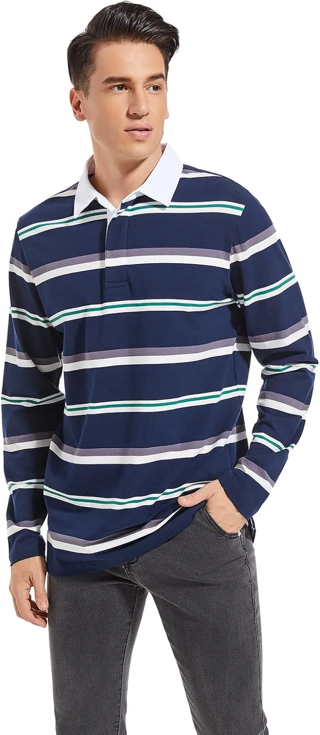 Mens Polo Shirts Striped Cotton Moisture Wicking Classic Collared Casual Golf Shirts for Men