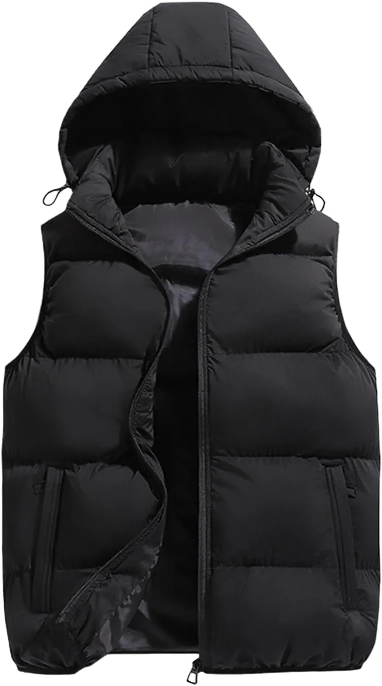 Men's Puffer Hooded Vest Thickened Padded Outdoor Detachable Hood Zipper Wear with Pockets for Casual for Autumn Winter