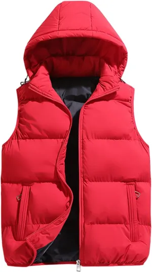 Men's Puffer Hooded Vest Thickened Padded Outdoor Detachable Hood Zipper Wear with Pockets for Casual for Autumn Winter