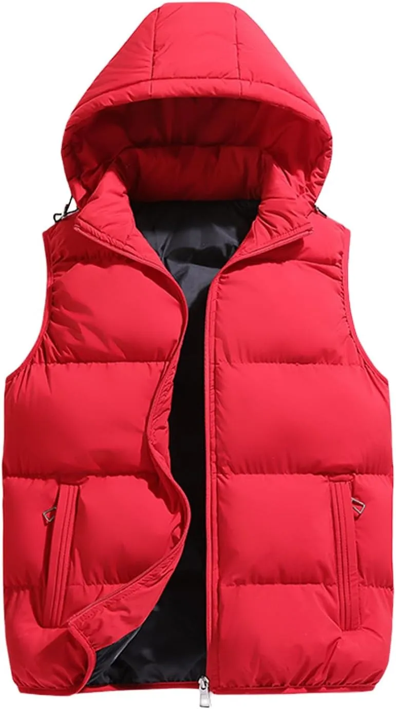 Men's Puffer Hooded Vest Thickened Padded Outdoor Detachable Hood Zipper Wear with Pockets for Casual for Autumn Winter