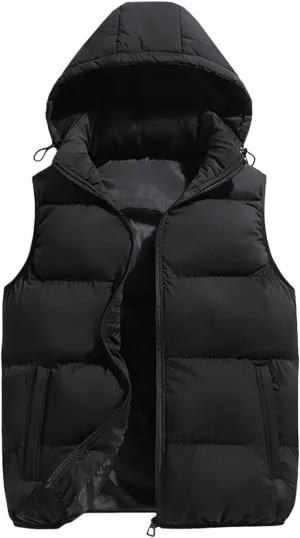 Men's Puffer Hooded Vest Thickened Padded Outdoor Detachable Hood Zipper Wear with Pockets for Casual for Autumn Winter