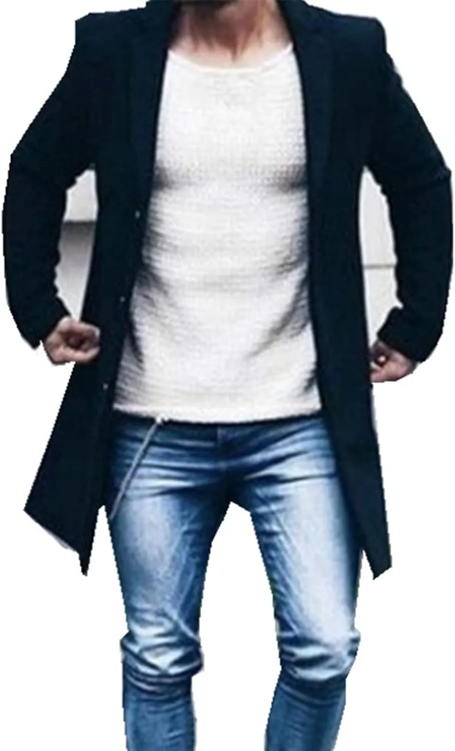 Men's Single-Breasted Mid-Length Suit Jacket Lightweight Trench Coat Long Overcoat Winter Pea Coat Casual Sport Coat