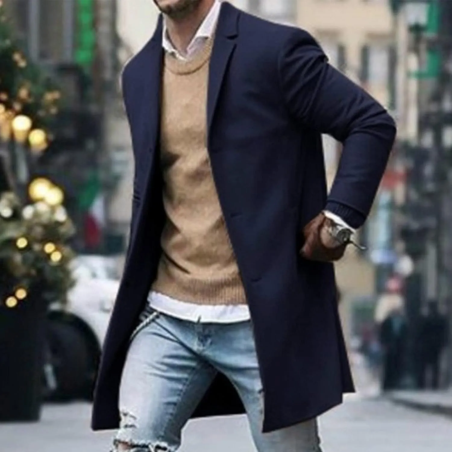 Men's Single-Breasted Mid-Length Suit Jacket Lightweight Trench Coat Long Overcoat Winter Pea Coat Casual Sport Coat