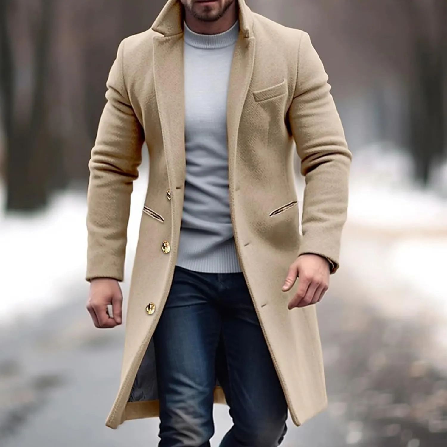 Men'S Single-Breasted Windbreaker Mid-Length Jacket Notch Lapel Winter Thick Warm Coat Solid Color Warm Woolen Coat