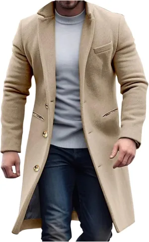 Men'S Single-Breasted Windbreaker Mid-Length Jacket Notch Lapel Winter Thick Warm Coat Solid Color Warm Woolen Coat