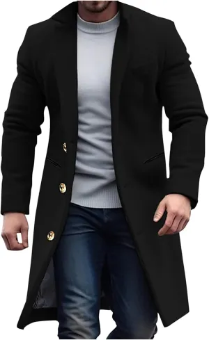 Men'S Single-Breasted Windbreaker Mid-Length Jacket Notch Lapel Winter Thick Warm Coat Solid Color Warm Woolen Coat