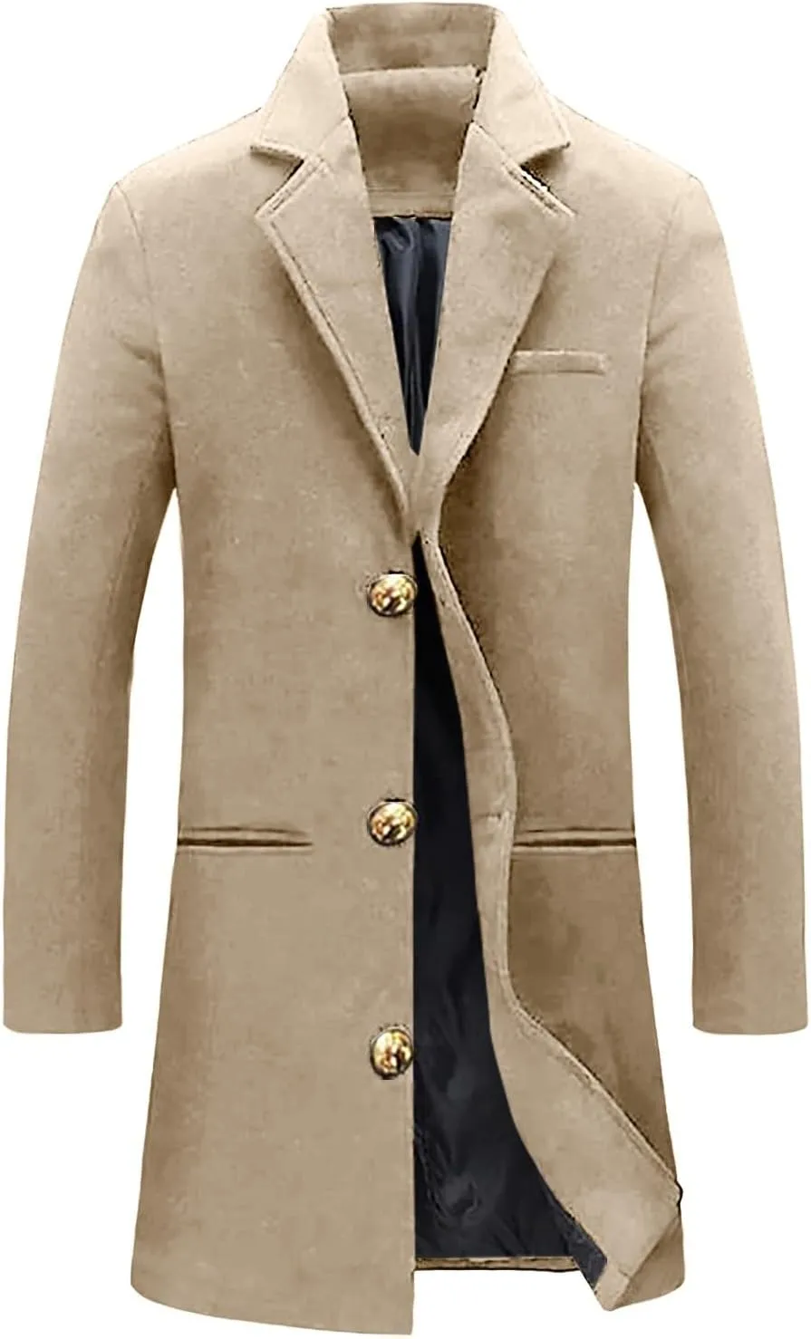 Men'S Single-Breasted Windbreaker Mid-Length Jacket Notch Lapel Winter Thick Warm Coat Solid Color Warm Woolen Coat