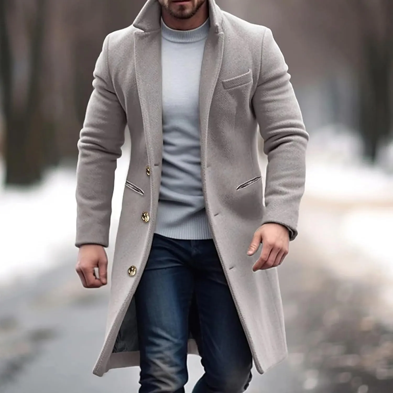 Men'S Single-Breasted Windbreaker Mid-Length Jacket Notch Lapel Winter Thick Warm Coat Solid Color Warm Woolen Coat
