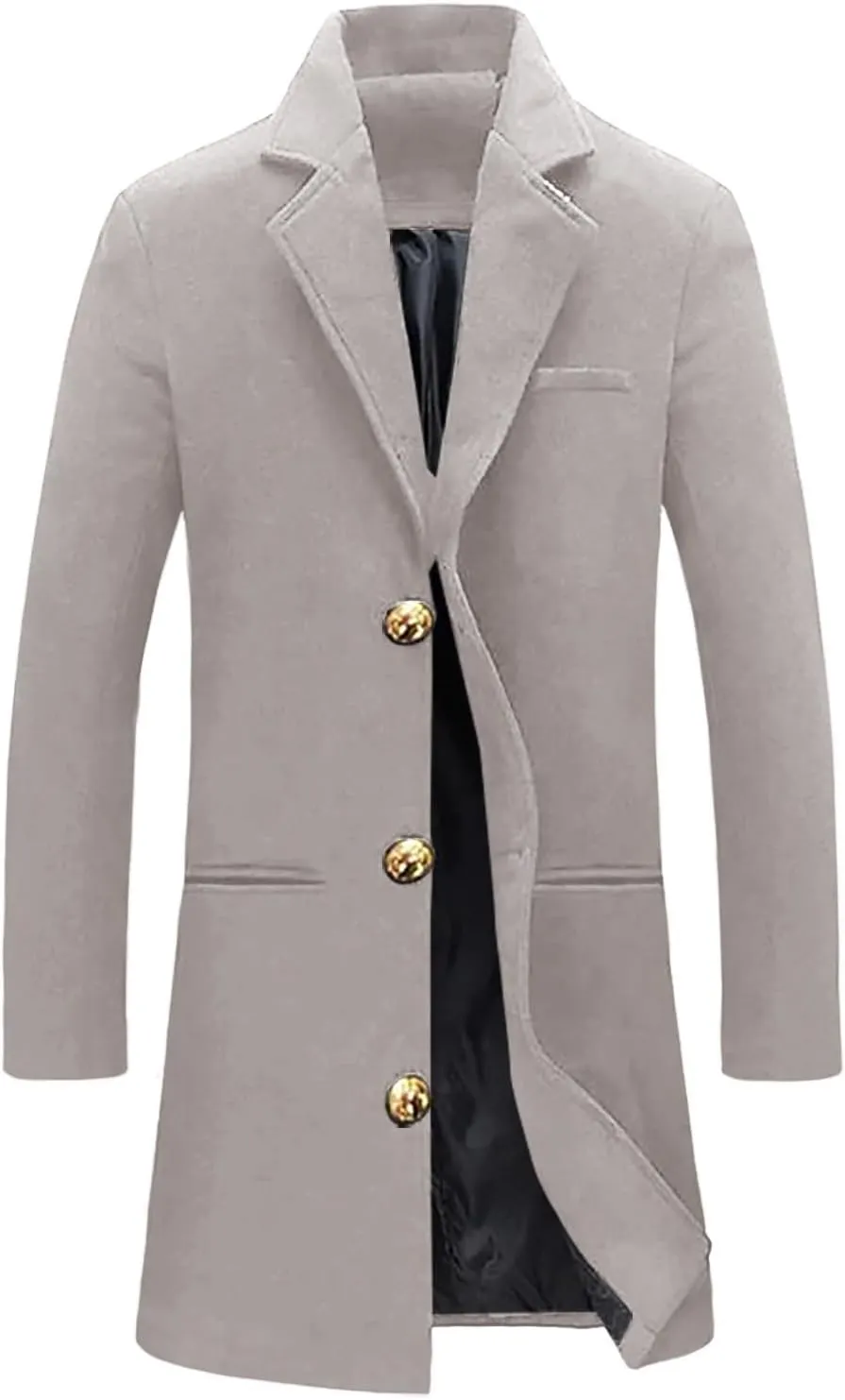 Men'S Single-Breasted Windbreaker Mid-Length Jacket Notch Lapel Winter Thick Warm Coat Solid Color Warm Woolen Coat