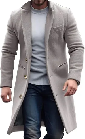 Men'S Single-Breasted Windbreaker Mid-Length Jacket Notch Lapel Winter Thick Warm Coat Solid Color Warm Woolen Coat