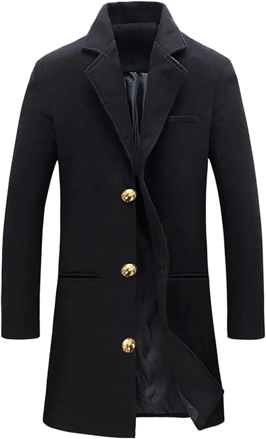 Men'S Single-Breasted Windbreaker Mid-Length Jacket Notch Lapel Winter Thick Warm Coat Solid Color Warm Woolen Coat