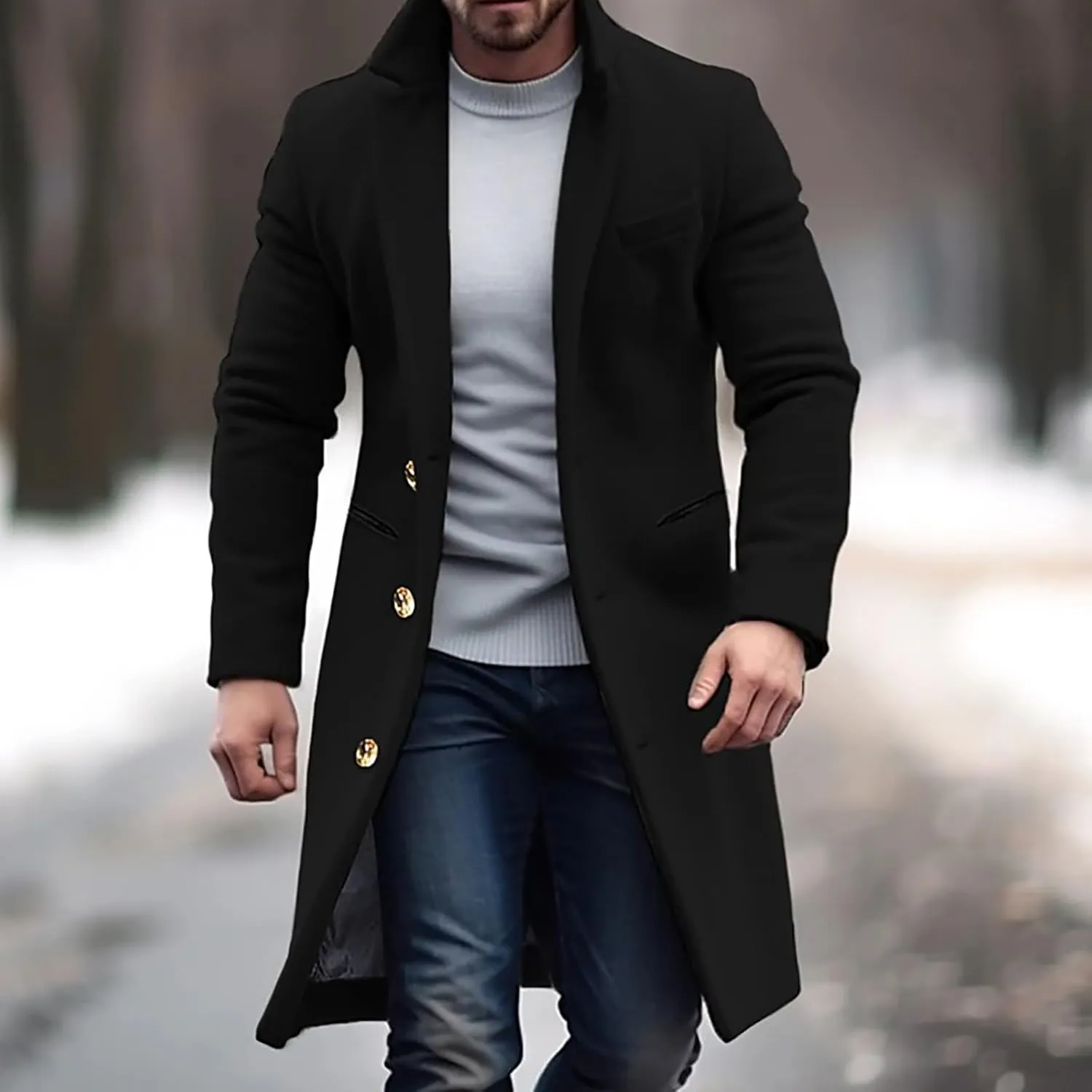 Men'S Single-Breasted Windbreaker Mid-Length Jacket Notch Lapel Winter Thick Warm Coat Solid Color Warm Woolen Coat