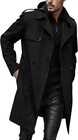 Mens Trench Coat Double Breasted Mid Long Jacket Windbreaker Overcoat Stylish Casual Pea Coat with Pockets