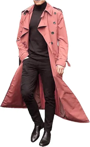 Mens Trench Coat Double Breasted Slim Fit Long Jacket Notched Lapel Belt Fall Casual Windproof Coat Big Tall Jacket