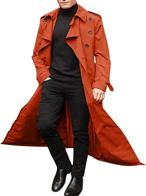 Mens Trench Coat Double Breasted Slim Fit Long Jacket Notched Lapel Belt Fall Casual Windproof Coat Big Tall Jacket
