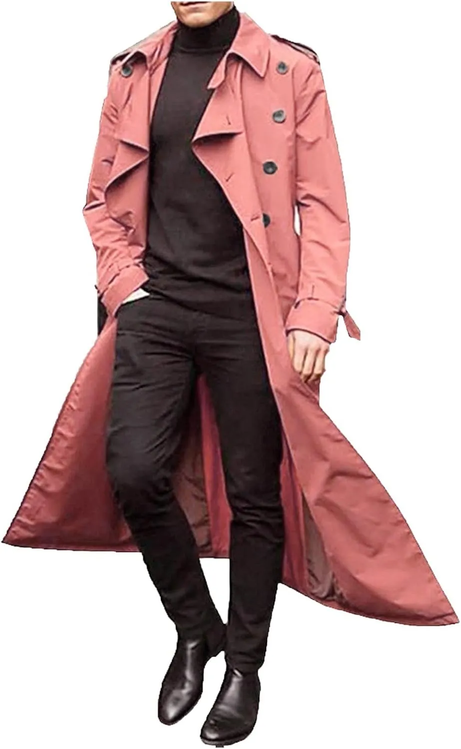 Mens Trench Coat Double Breasted Slim Fit Long Jacket Notched Lapel Belt Fall Casual Windproof Coat Big Tall Jacket