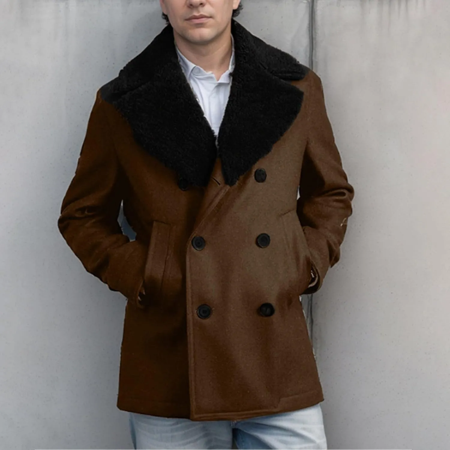 Mens Trench Coat Windbreaker Jackets Lapel Long Sleeve Padded Leather Jacket Vintage Long Pea Coat Winter Warm