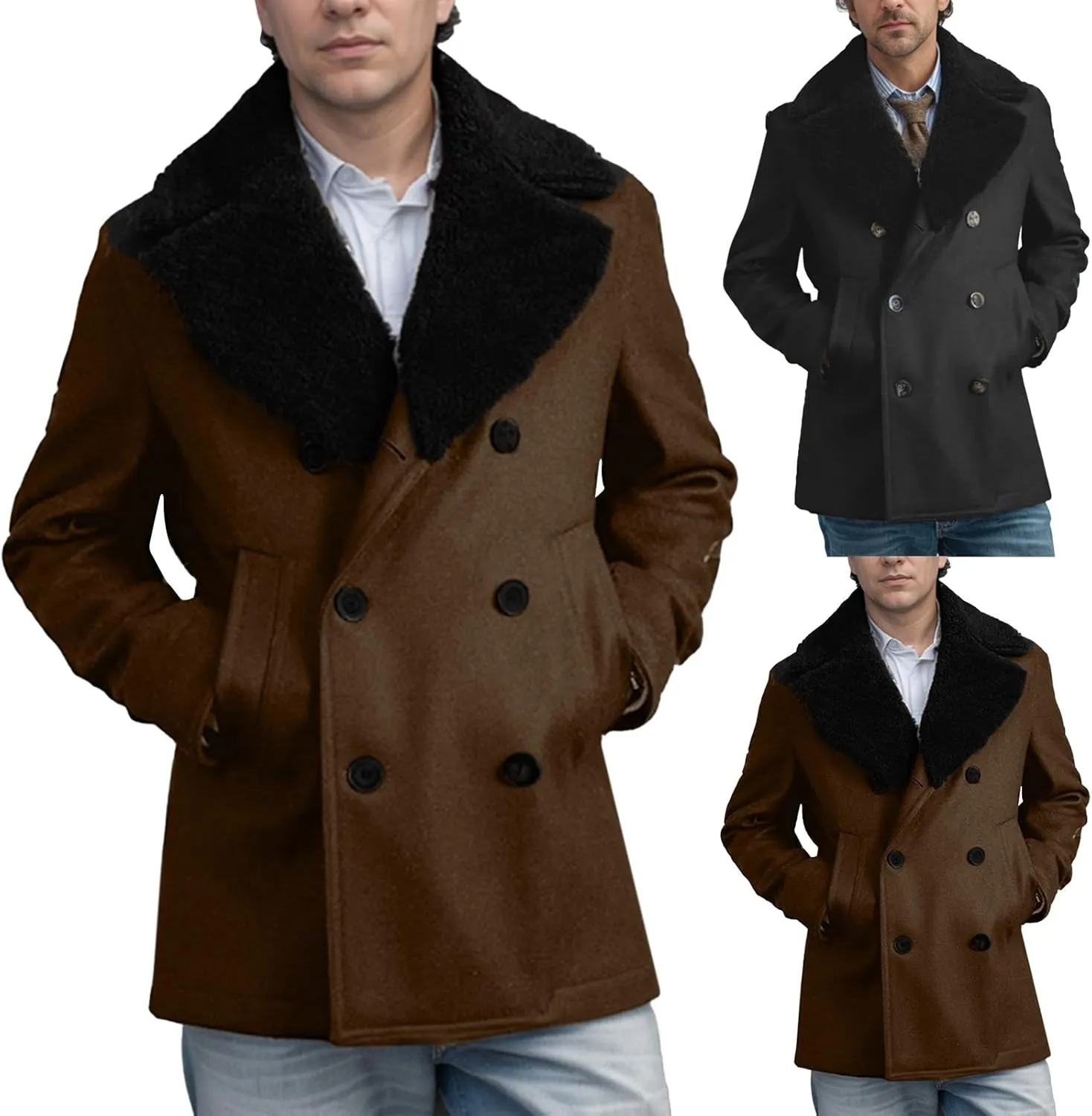 Mens Trench Coat Windbreaker Jackets Lapel Long Sleeve Padded Leather Jacket Vintage Long Pea Coat Winter Warm