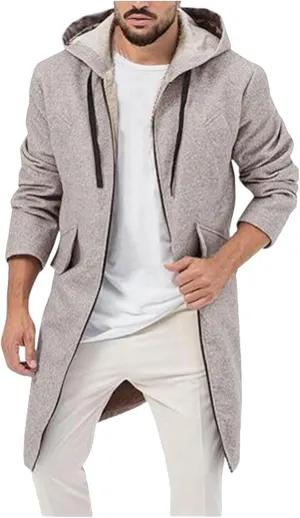 Mens Trench Coat Wool Blend Hoodie Long Jacket Full Zip Winter Classic Business Overcoat Fuzzy Warm Sweatshirt M-2XL
