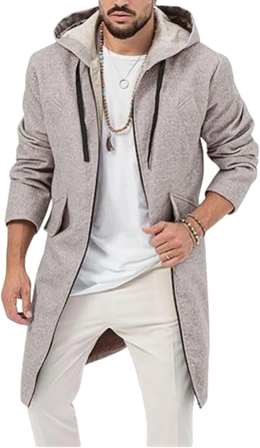 Mens Trench Coat Wool Blend Hoodie Long Jacket Full Zip Winter Classic Business Overcoat Fuzzy Warm Sweatshirt M-2XL
