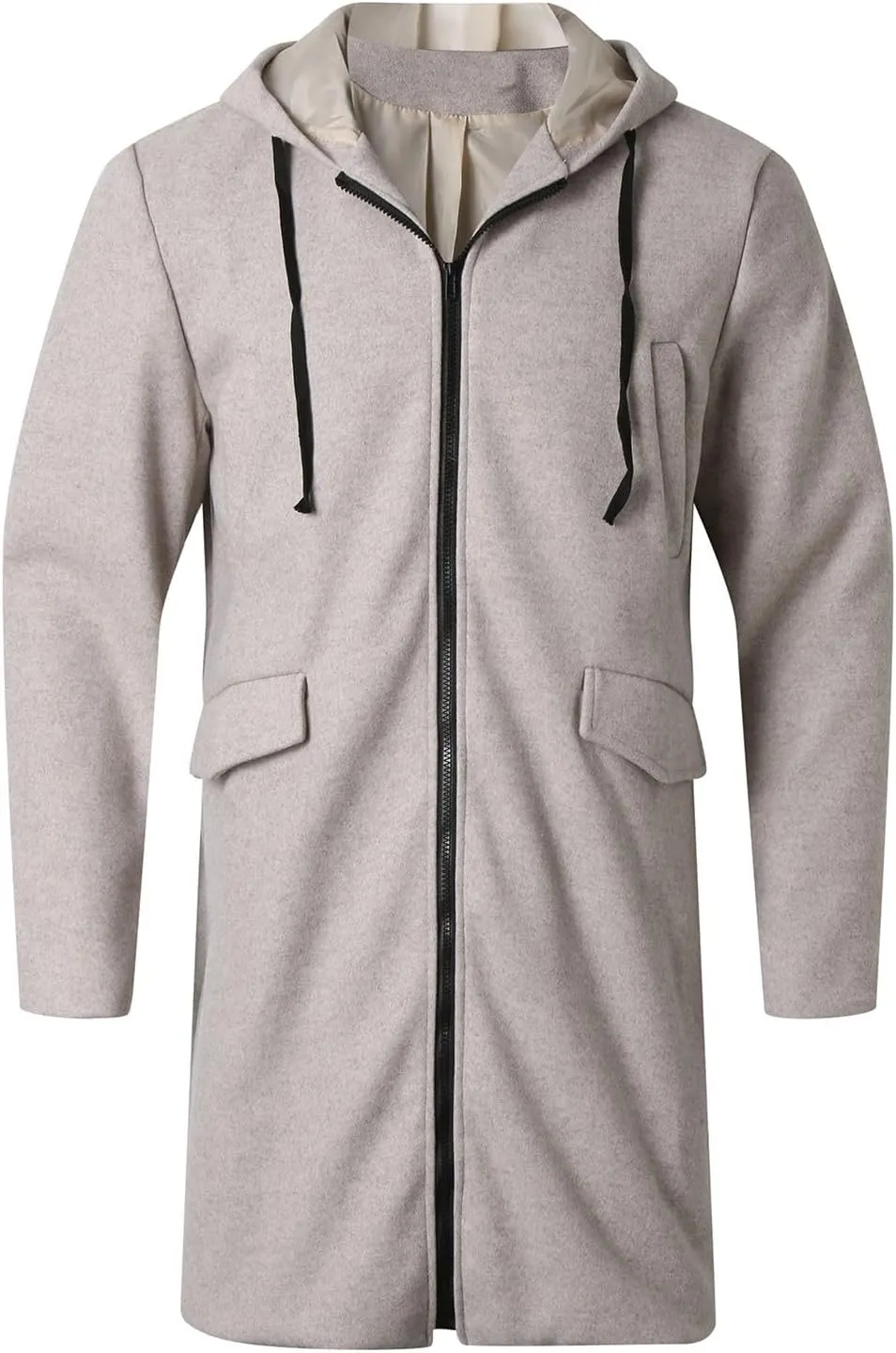 Mens Trench Coat Wool Blend Hoodie Long Jacket Full Zip Winter Classic Business Overcoat Fuzzy Warm Sweatshirt M-2XL