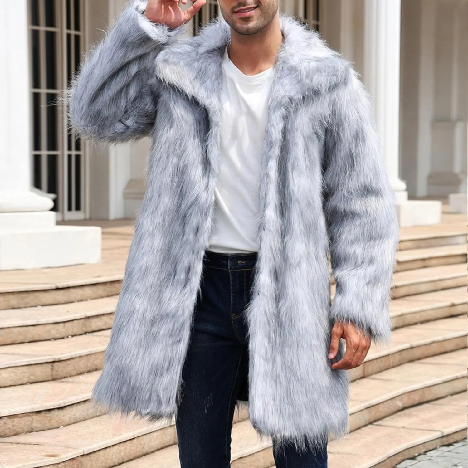 Men's Warm Thick Coat Jacket Faux Fur Fluffy Outwear Cardigan Winter Long Sleeve Overcoat Jacket Long Trench Coats