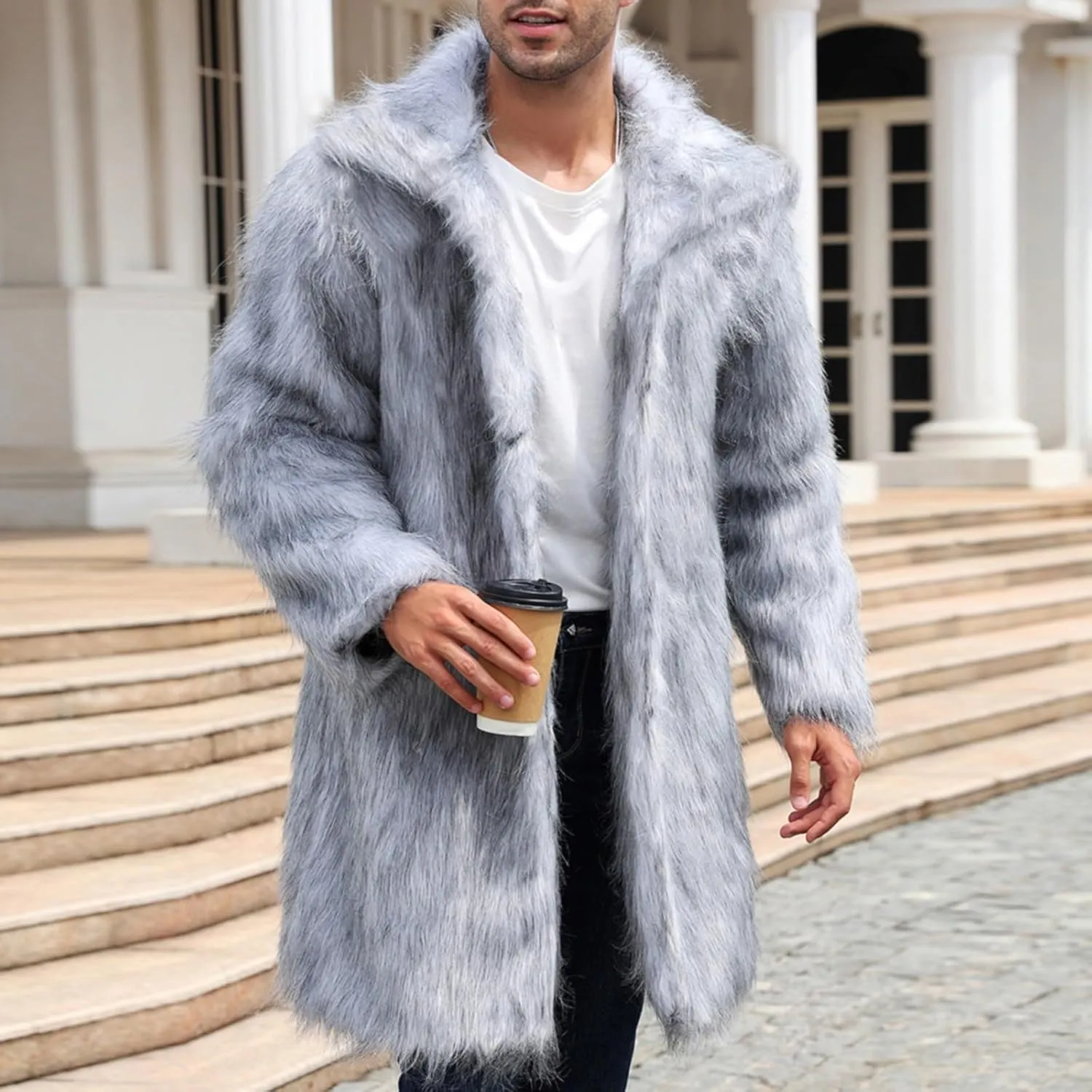 Men's Warm Thick Coat Jacket Faux Fur Fluffy Outwear Cardigan Winter Long Sleeve Overcoat Jacket Long Trench Coats