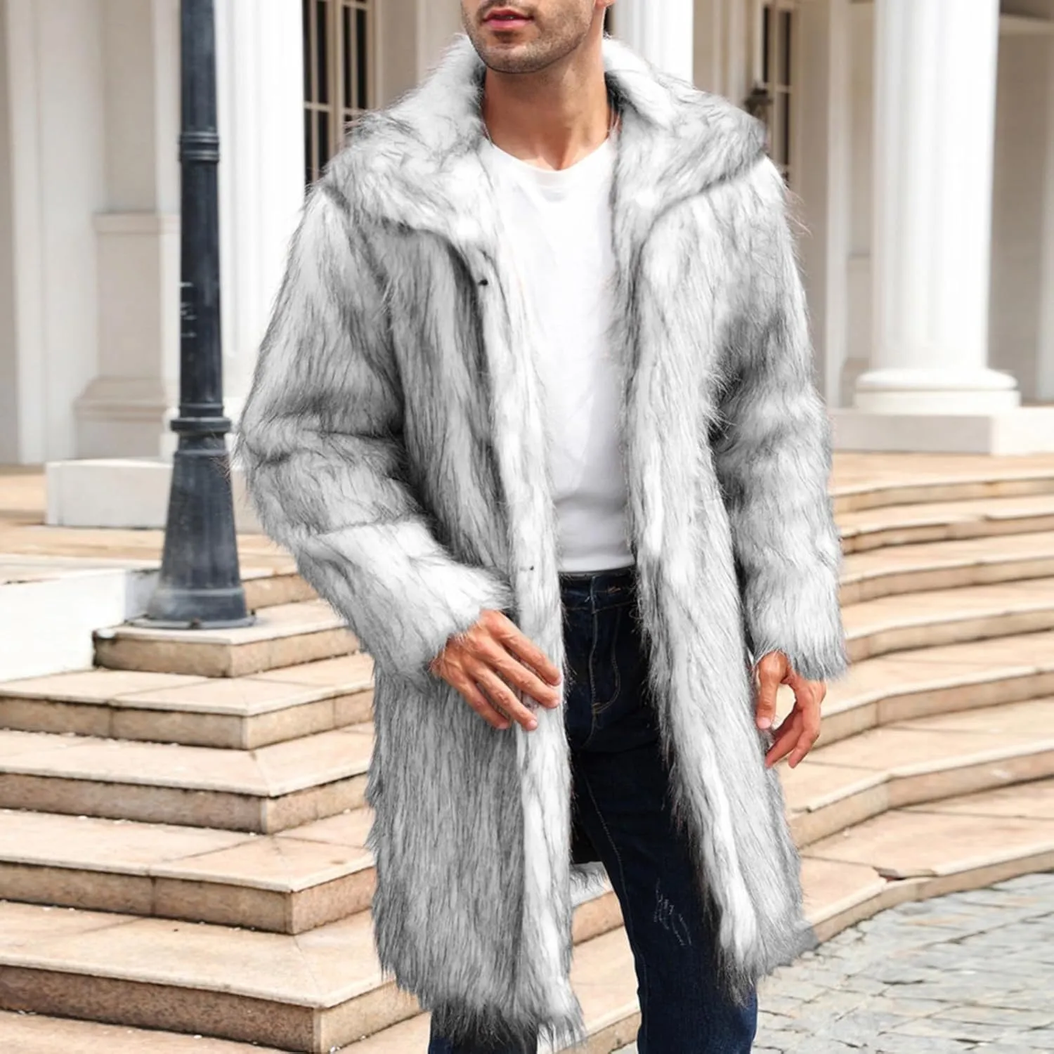 Men's Warm Thick Coat Jacket Faux Fur Fluffy Outwear Cardigan Winter Long Sleeve Overcoat Jacket Long Trench Coats