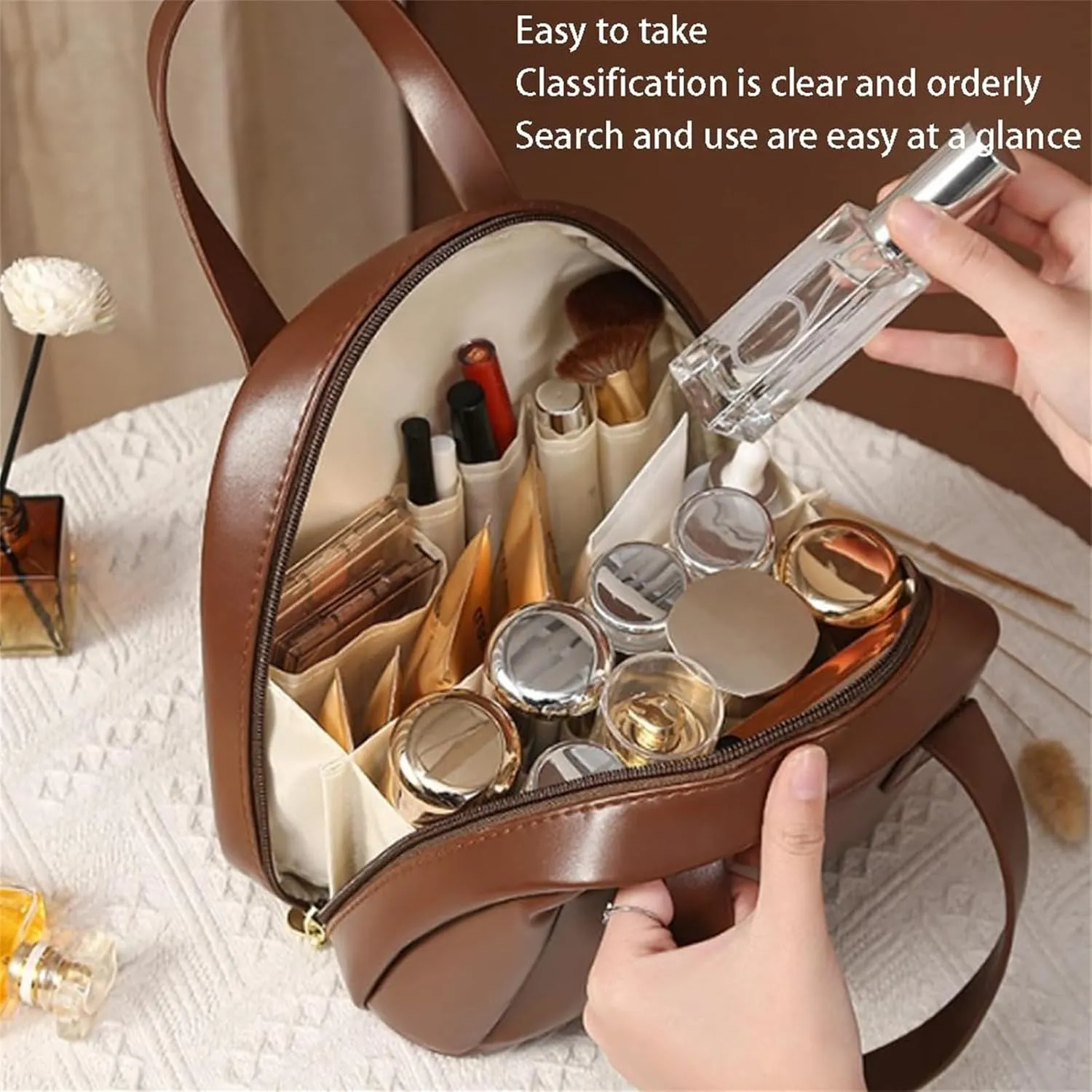 Multi-Layered Shell-Shaped Cosmetic Bag,2025 New Shell Shaped Cosmetic Bag For Women,Waterproof Portable Large Capacity Makeup Bag With Compartments (Brown)