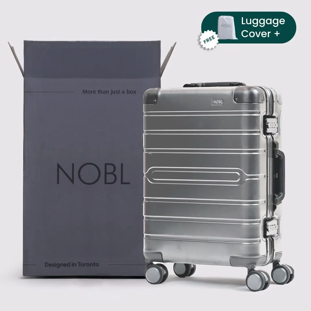 Nobl Travel Carry On Luggage, Noble Zipperless Aluminum Suitcase, 24x16.3x11 Airline Approved, Aluminum Metal Hardside Shell & Frame, 360 Spinner Wheels, TSA Locks, Interior Compression Silver