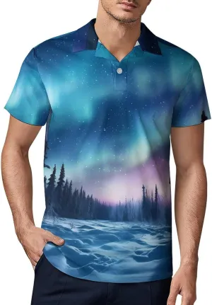 Northern Lights Natural Landscape Men's Polo Shirt Short Sleeve Casual Athletic Quick Dry Golf T-Shirts