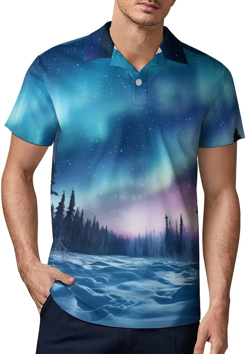 Northern Lights Natural Landscape Men's Polo Shirt Short Sleeve Casual Athletic Quick Dry Golf T-Shirts